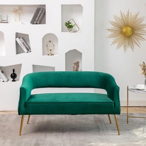 SEYNAR Modern 51'' Velvet Tufted Loveseat Open Back with Golden Metal Legs - 1 of 4