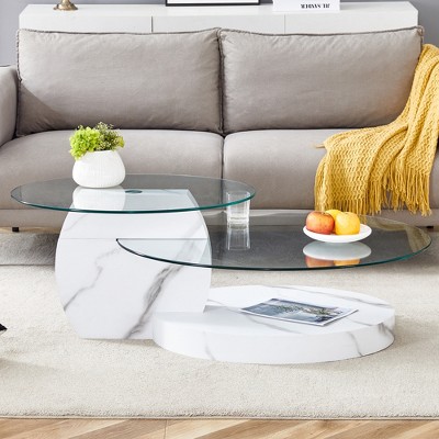 Oval Coffee Table with Double Layer Design, Glass Cocktail Table Accent Table Sofa Side Table Center Table, Marble / Wood Grain - ModernLuxe