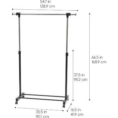 Adjustable Black Metal Single Rod Clothes Rack with Wheels