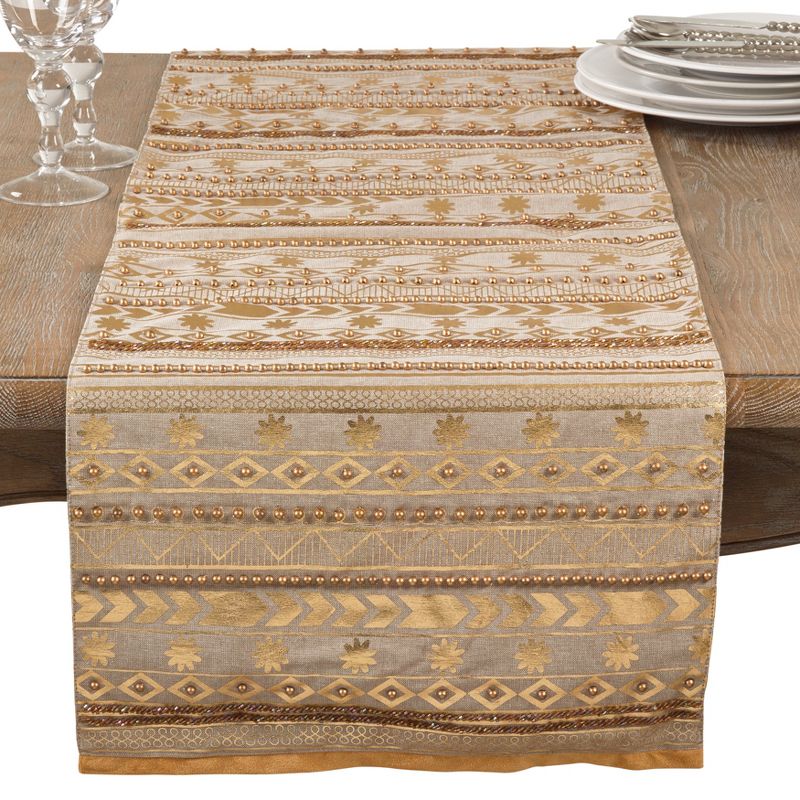Saro Lifestyle Beaded Aztec Metallic Design Elegant Glam Cotton Table Runner, 16"x72", Gold, 2 of 4