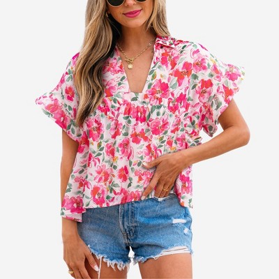 Amaryllis Women’s Watercolor Floral Blouse Short Flutter Sleeve Loose Fit Collared Lightweight Casual Top- X Large ,Pink