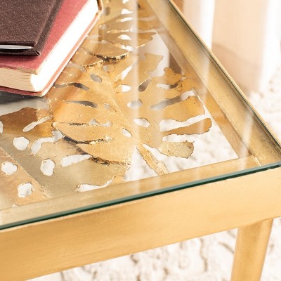 Leilani Gold Leaf Square Glass Top Palm Leaf Side Table