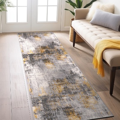 Yellow and Gray Abstract Synthetic Runner Rug 2' x 7'