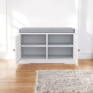 Alilang 28.74 inch Wooden Storage Bench with Cushioned Seat and Louvered Cabinet Doors-White - 1 of 3