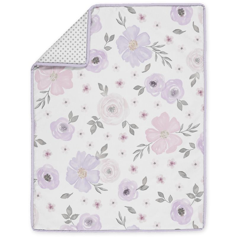 Sweet Jojo Designs Girl Baby Mini Crib Bedding Set - Watercolor Floral Purple Pink and Grey 3pc, 3 of 6