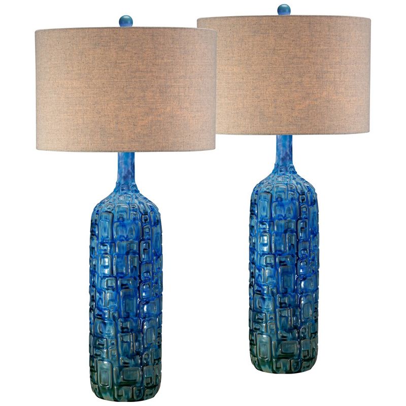 Possini Euro Design 36" Tall Large Mid Century Modern Farmhouse Rustic End Table Lamps Set of 2 Teal Blue Ceramic Living Room Bedroom Tan Shade, 1 of 9