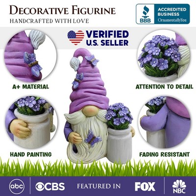 Lavender and White Resin Garden Gnome Statue with Flowers