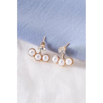 Slickblue Women's Earrings, Front Back Gold Triple Pearl, Faux Diamond Stud, Stud Style, Gold Pearl, 0.5"