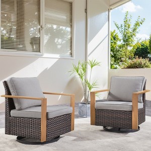 Outdoor Patio Glider Chair Wicker Rattan Swivel Chair Set of 2 with Removable Cushions - 1 of 4