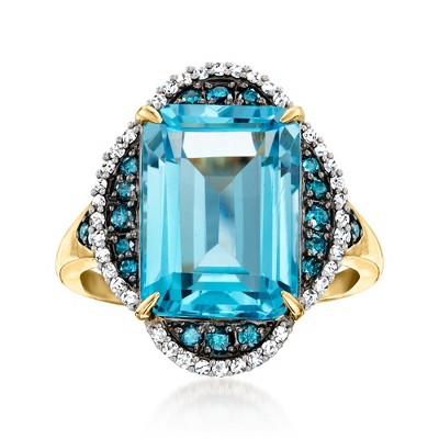 Ross-Simons 9.75 Carat Swiss Blue Topaz Ring With .58 ct. t.w. Blue and White Diamonds in 14kt Yellow Gold Size 7