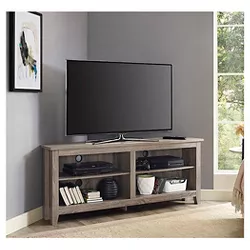 Farmhouse 4 Cubby Wood Open Storage Corner TV Stand for TVs up to 65" Driftwood - Saracina Home