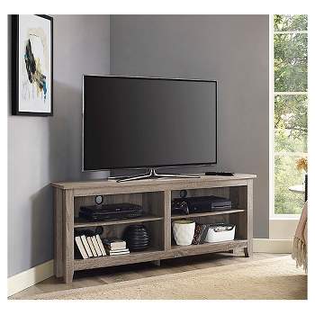 Transitional 4 Cubby Wood Open Storage Corner TV Stand for TVs up to 65" - Saracina Home