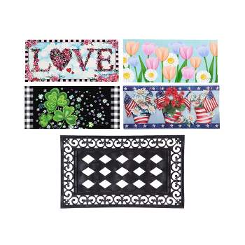 Evergreen Indoor Outdoor Doormat Bundle Set of 5 - Frame and 4 Holiday Seasonal Inserts Valentine's Love Easter Tulips 4th of July and St. Patricks