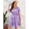 Plus Size Women's V Neck Short Sleeve Dress with Belt Flowy Casual Summer Day Dress - 2 of 4