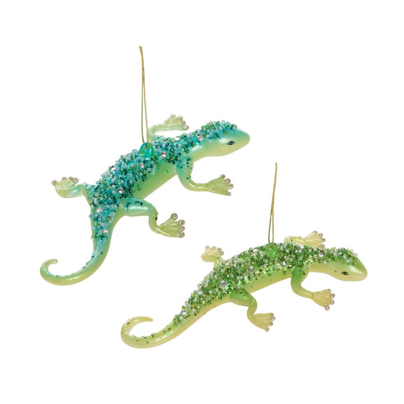 Beachcombers S/2 Glitter Gecko Glass Ornaments Christmas Mass Holiday Ornament Decor Beach Coastal Nautical Ocean 6.5 x 3.75 x 1.25, 1 of 2