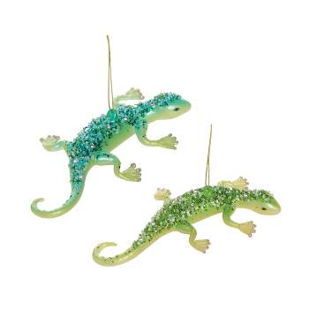Beachcombers S/2 Glitter Gecko Glass Ornaments Christmas Mass Holiday Ornament Decor Beach Coastal Nautical Ocean 6.5 x 3.75 x 1.25