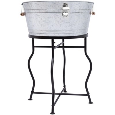 Silver Galvanized Beverage Tub with Stand and Wooden Handles
