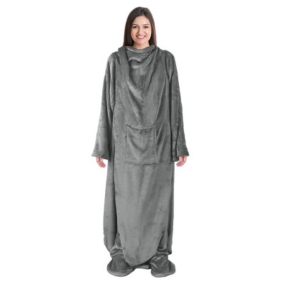 Gray Fleece Wearable Blanket with Sleeves and Foot Pockets