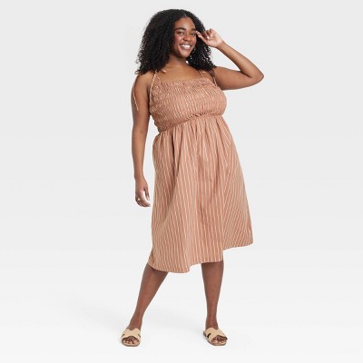 Women's Midi Smocked Sundress - A New Day™ Brown Striped 4X