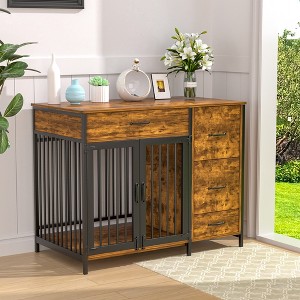 VECELO 43.3" Dog Crate With Dog Feeder, Wooden Decorative Dog Kennel Indoor With Drawers for Medium/Large Dogs, Brown - 1 of 4