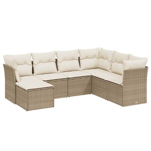 vidaXL 7 Piece Patio Sofa Set with Cushions Beige Poly Rattan - Beige and Cream Without Table - 1 of 4