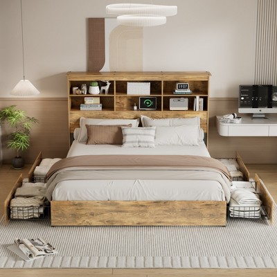VECELO Bed Frame with 50" Storage Bookcase Headboard, 4 Drawers & USB Charging Station, Metal Slats Platform Bed Frame, Rustic Brown Bed