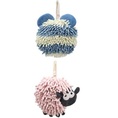 REGALWOVEN 2 Packs Chenille Fuzzy Ball Bathroom Sheep Shape Absorbent Fast Drying Hand Towels 7" x 7"