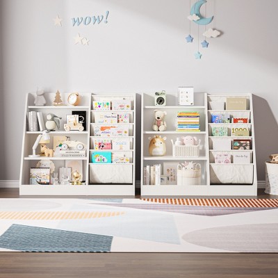 35 in. Wide White Finish 4 Shelf Bookcase with Cotton Linen Storage Sling Pockets