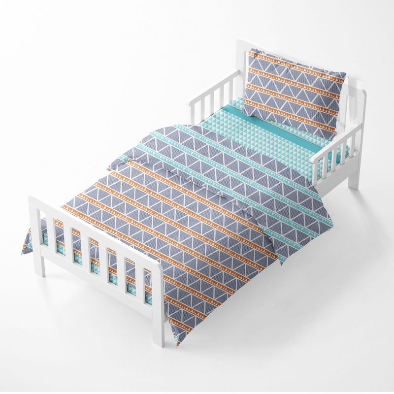 Bacati - Liam Aqua/Orange/Navy Triangles Muslin 4 pc Toddler Bedding Set, 2 of 9
