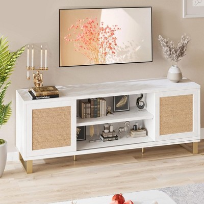 Garvee Rattan TV Stand for 65 Inch TV, White Entertainment Center Modern TV Console Table for Living Bedroom
