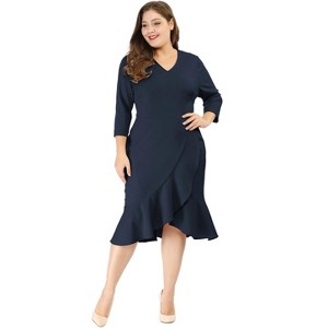 Agnes Orinda Women's Plus Size Cocktail V-neck Wrap Ruffled Midi Bodycon Dresses - 1 of 4