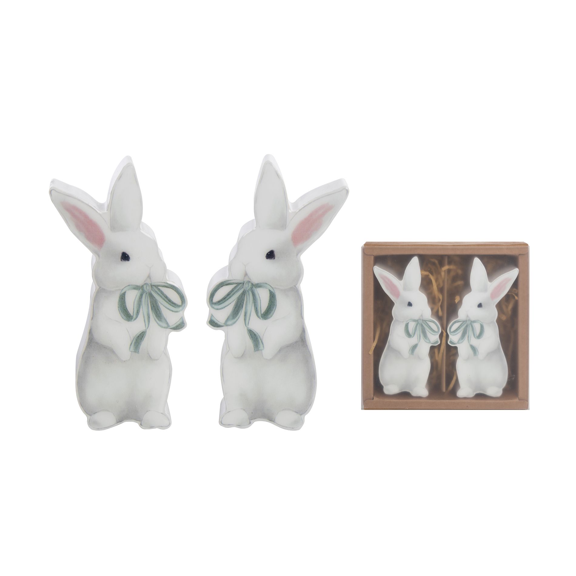 Transpac MDF and Epoxy Shaped Bunny in Box Set of 2 White and Green for Easter Home Decor