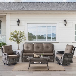 Buenhomino 4 Pieces Patio Furniture Set with Swivel Chairs, High Back Wicker Rattan Sofa with Thick Cushion and Coffee Table, Outdoor Conversation Set - 1 of 4