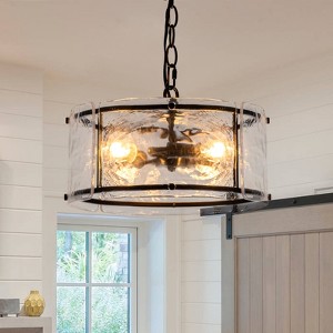LLHZSY Farmhouse Lantern Ripple Glass Chandelier 3-Lights Metal Hanging Ceiling Pendant Lights in Black-11 4/5" - 1 of 4