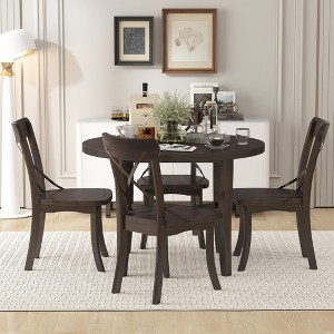Oversart 5-piece Dining Set, Retro Simple Round Table and 4 Chairs with X-shaped Backrest for Kitchen, Dining Room and Living Room (Espresso) - 1 of 4