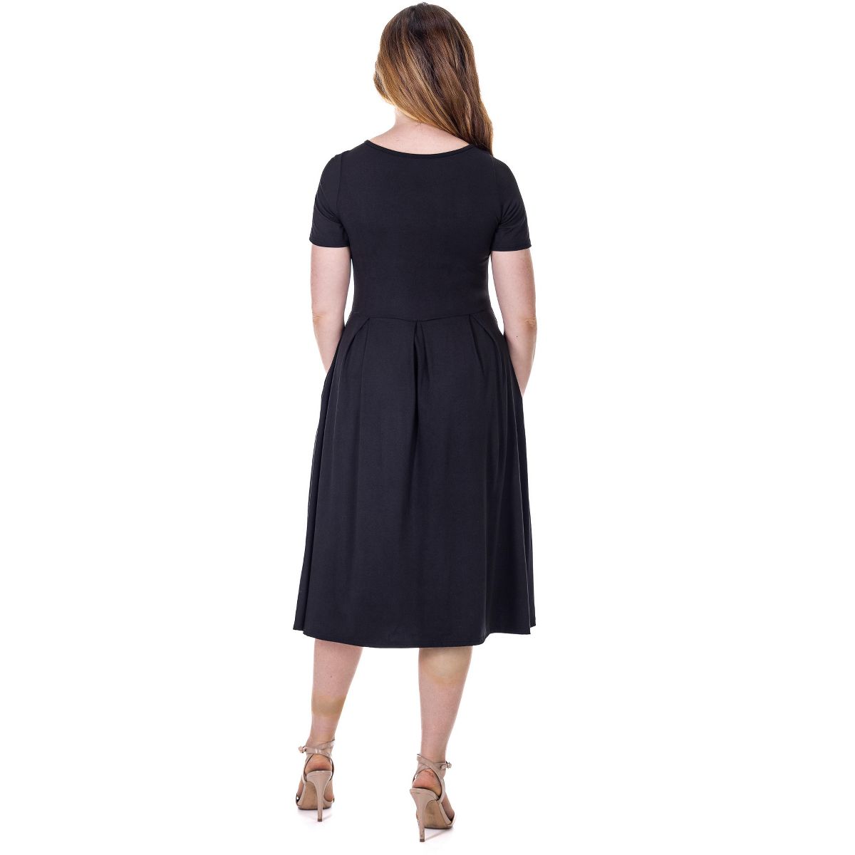 Womens Short Sleeve Boat Neck Pleated Flared Pocket Midi Dress - 24seven Comfort Apparel™ - thumbnail 3