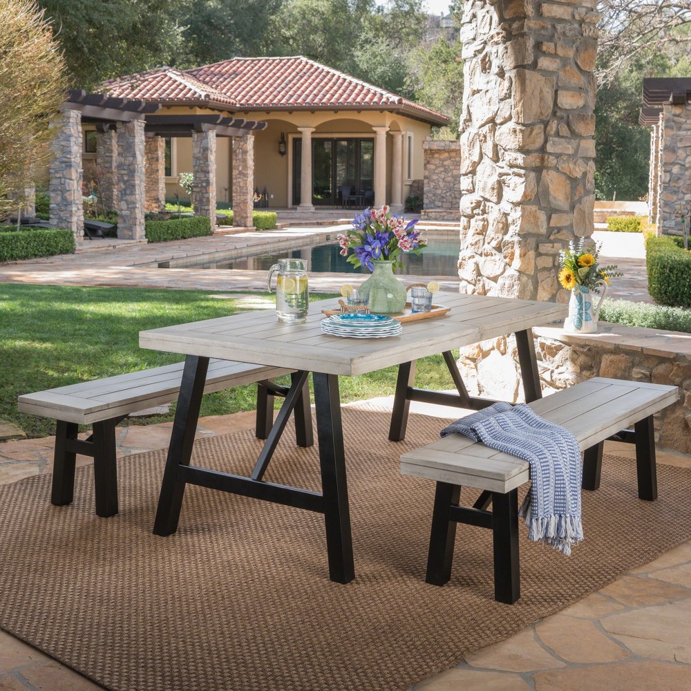 Photos - Garden Furniture Boracay 3pc Laminated Acacia Picnic Set - Light Gray - Christopher Knight