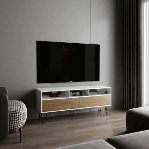 53.9" FSC Certified Manufactured Wood TV Stand with 2 Doors, 3 Shelves, and 5 Hairpin Legs in White and Wood Finish for Living Room - 1 of 4