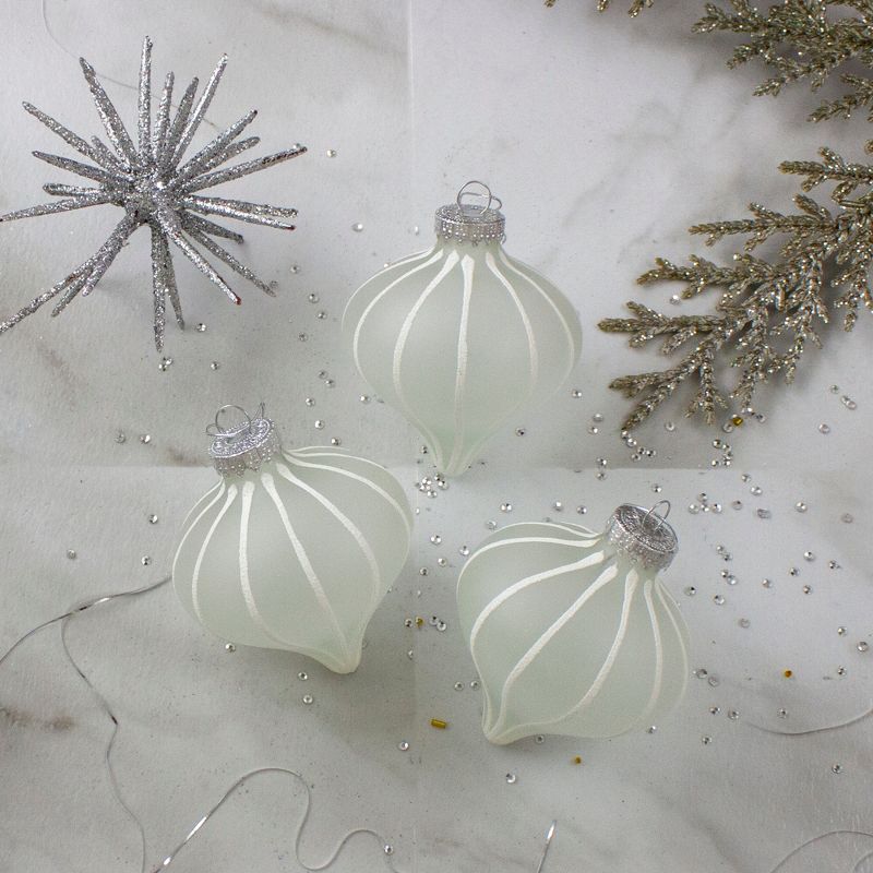 Northlight 3ct Clear and White Matte Frosted Glitter Stripes Glass Christmas Onion Drop Ornaments 3.25" (75mm), 3 of 4