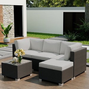 Outdoor Patio Furniture Set, Pe Rattan Wicker Sectional Sofa with Cushions for Balcony, Garden, 5 Piece Couch Arrangement with Table - 1 of 4