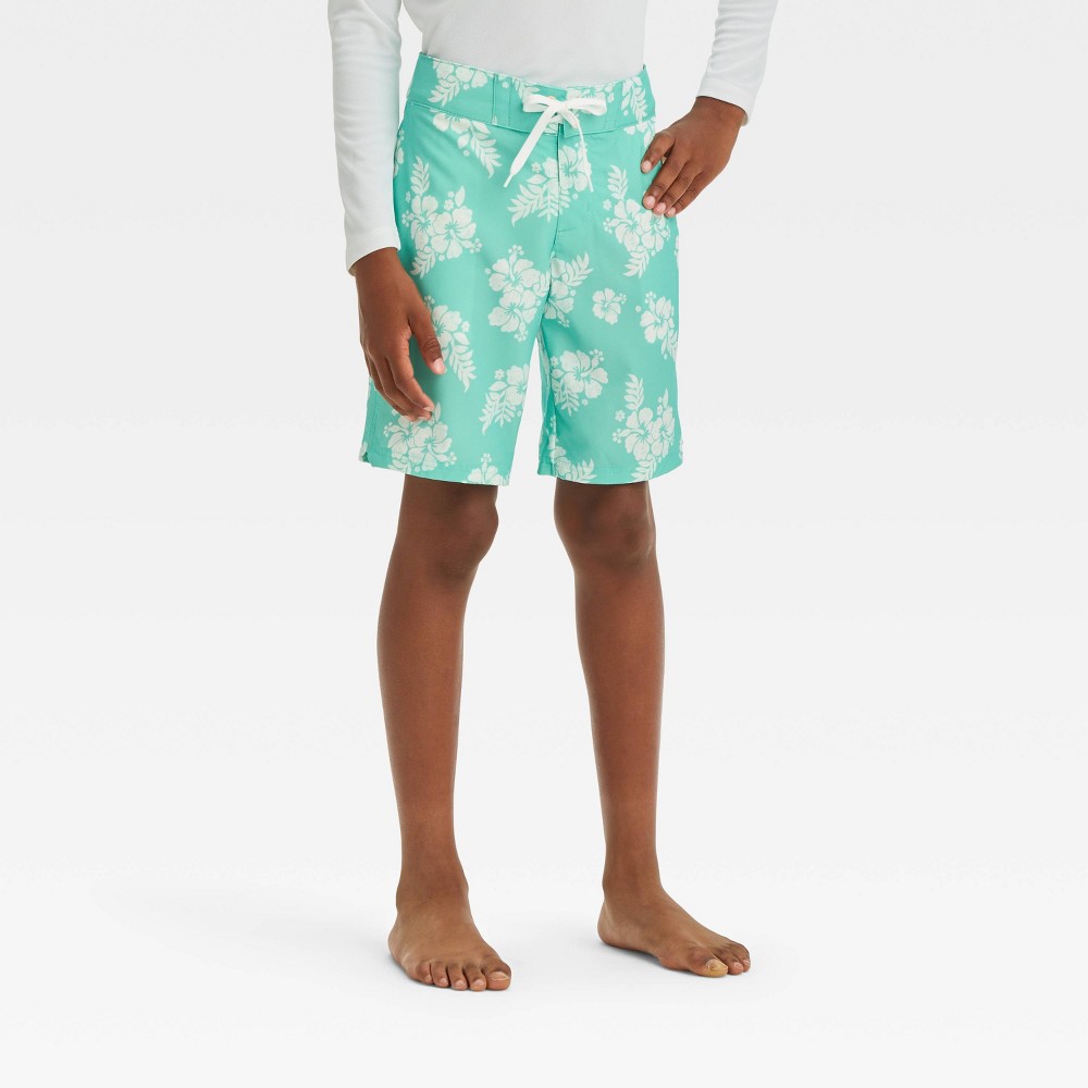 Photos - Swimwear Boys' Floral Swim Shorts - art class™ Green 14 Husky