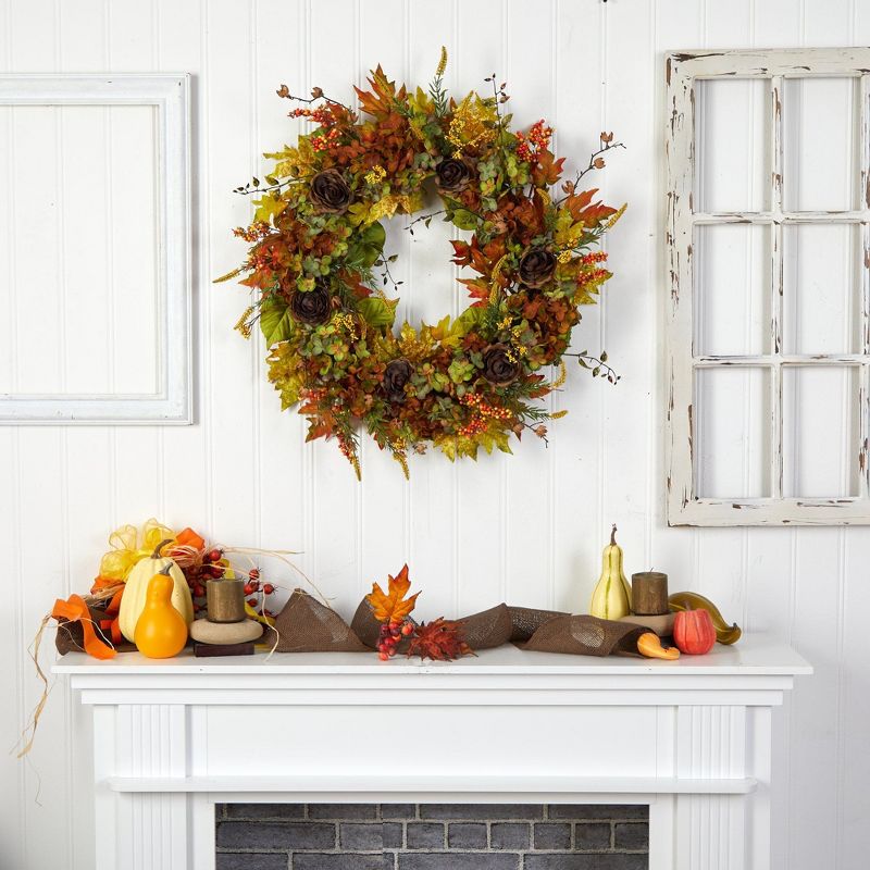 Nearly Natural 32” Fall Hydrangea, Ranunculus and Maple Leaf Autumn Artificial Wreath, 5 of 6
