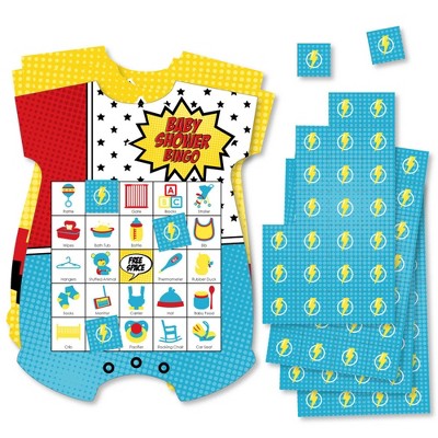 Big Dot of Happiness Bam Superhero - Picture Bingo Cards and Markers - Baby Shower Shaped Bingo Game - Set of 18