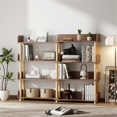 YONWAY 4 Tier Retractable & Rotatable Bookcases, Wooden Corner Book Shelf, Storage Rack for Books, Rustic Brown Bookcase for Living Room,Home,Office