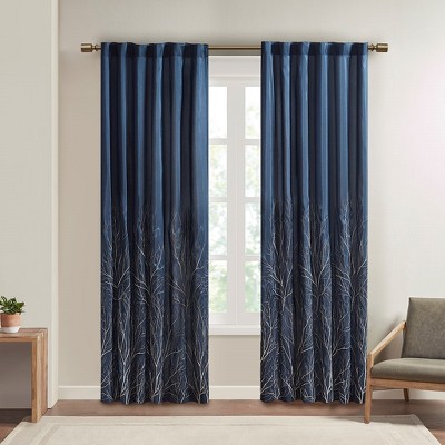 Vynxaria Curtain Panel (50" W x 84" L) Branch Embroidery, Faux Silk Sheen, Lined, Rod Pocket/Back Tab Top