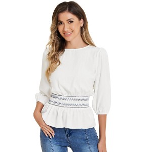 INSPIRE CHIC Women's 3/4 Sleeve Round Neck Smocked Waist Peplum Blouse - 1 of 4