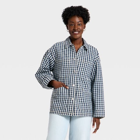 Женские куртки Universal Thread Women's Western Denim Chore Coat - Universal Thread™ Blue Gingham L