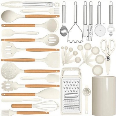 LunaLulinlk 35-Piece High-Temperature Silicone Non-Stick Cookware Set with Wooden Handles and Stands, BPA-Free (Cream White)