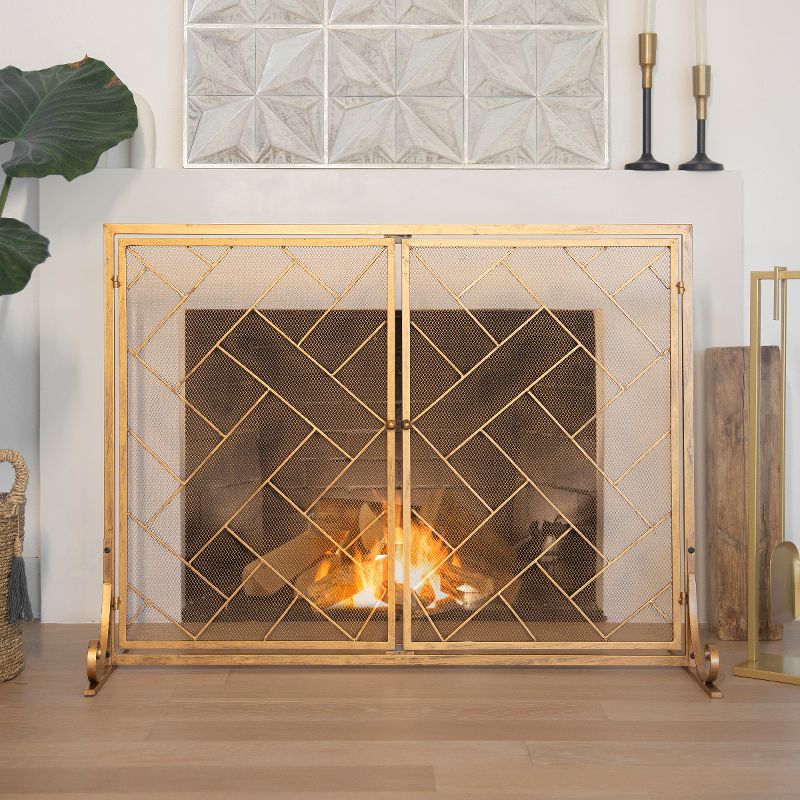 Barton 45" x 33" 2-Panel Wrought Iron Mesh Fireplace Screen, Fire Spark Guard With Magnetic Doors, Gold, 3 of 7