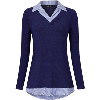 Women's Long Sleeve V Neck Contrast Collared Shirts Patchwork Work Blouse Tunics Tops